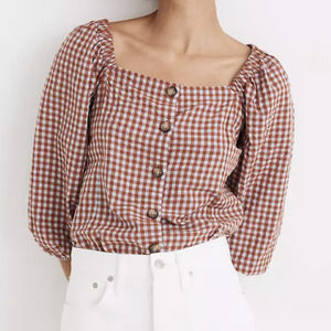 Madewell Gingham Seersucker Puff Sleeve Button Front Top